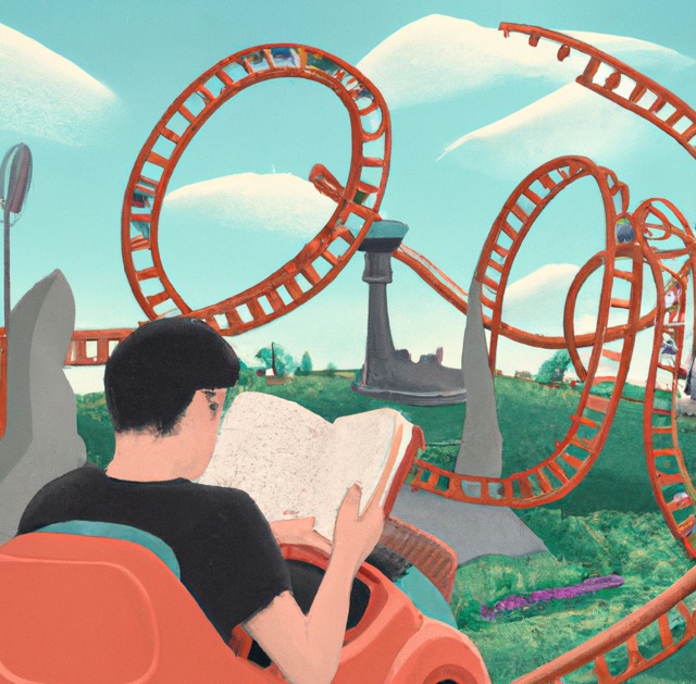 a person reading a book while riding a rollercoaster